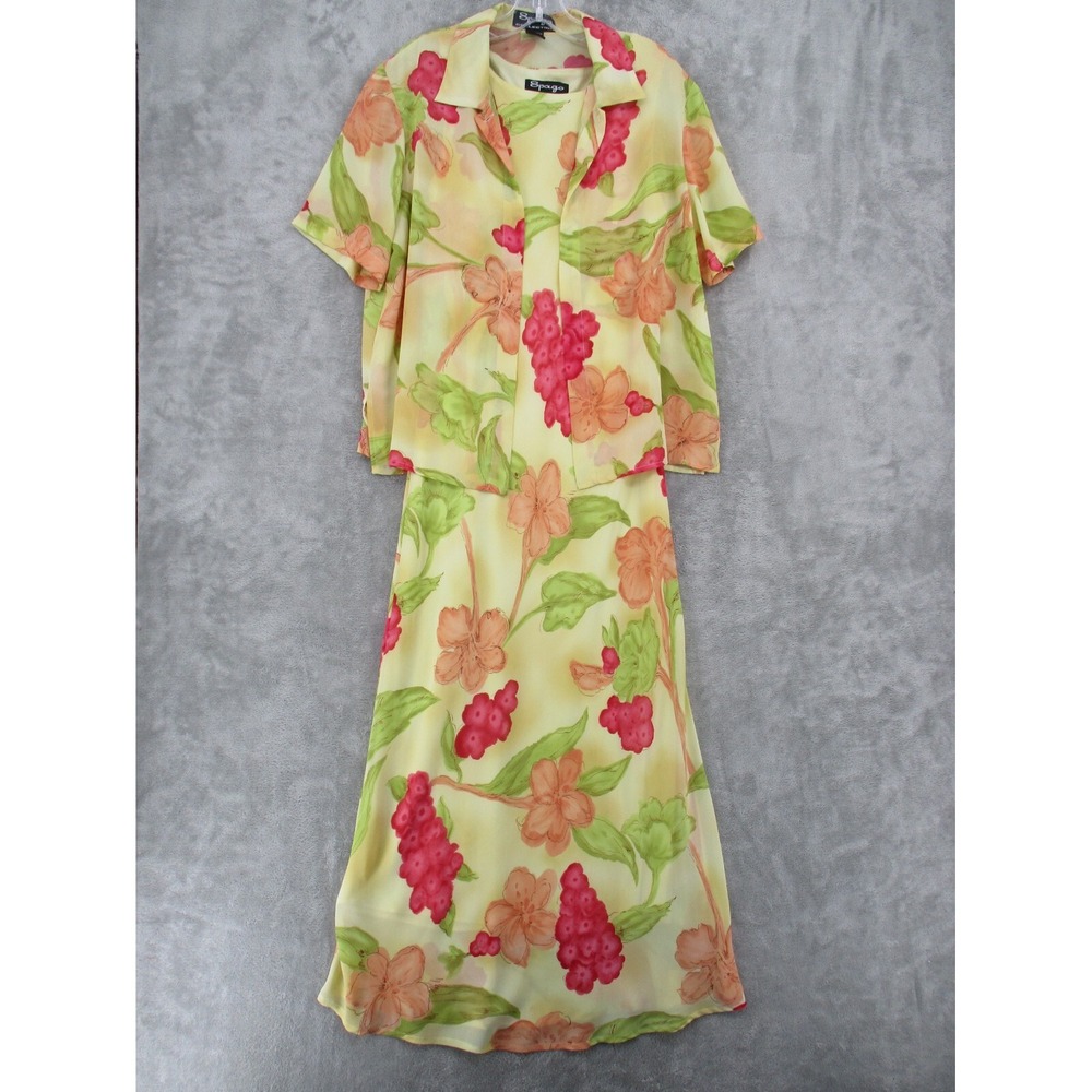 Vintage Spago Jaxket Dress Womens Size 12 Yellow Floral Chiffon Maxi Yellow